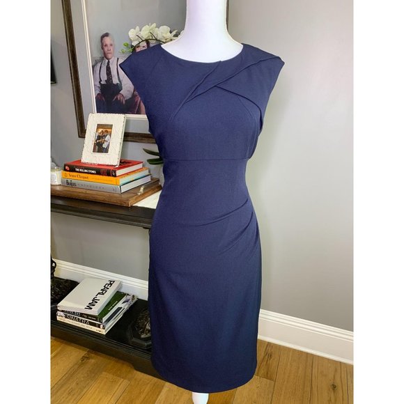 Adrianna Papell Pleated Crepe Dress Navy 12 - Picture 3 of 7
